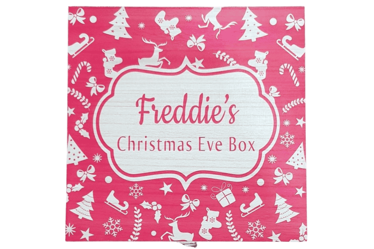 Personalized red and white wooden Christmas Eve box for kids featuring festive icons like reindeer, snowflakes, trees, and labeled “Freddie’s Christmas Eve Box.”