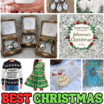 Collage of cozy and fun Christmas Eve box fillers for adults, including a personalized mug, reindeer spoons, snow poppers, Christmas books, and festive accessories.