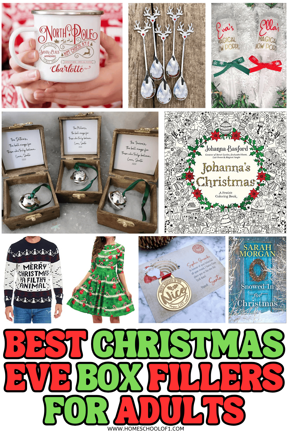 Collage of cozy and fun Christmas Eve box fillers for adults, including a personalized mug, reindeer spoons, snow poppers, Christmas books, and festive accessories.

