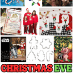 Collage of Christmas Eve box fillers including light-up necklaces, Santa hats, personalized pajamas, books, puzzles, and cookie cutters.