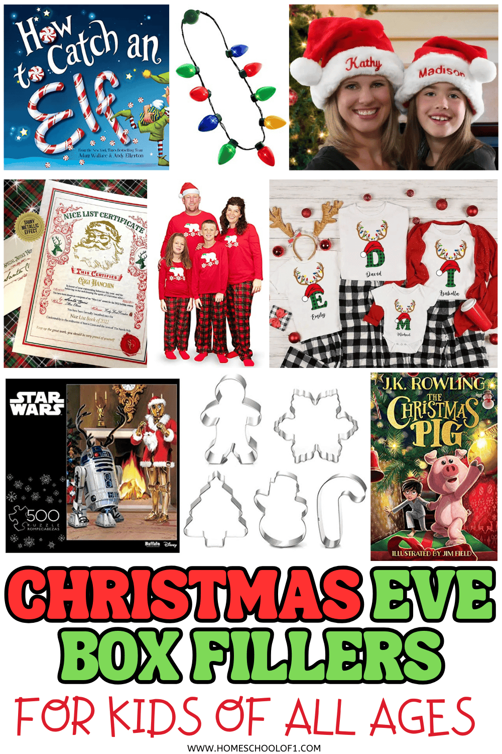 Collage of Christmas Eve box fillers including light-up necklaces, Santa hats, personalized pajamas, books, puzzles, and cookie cutters.

