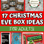 Colorful collage of 17 creative Christmas Eve box ideas for adults, featuring mugs, games, books, socks, holiday outfits, and personalized keepsakes.