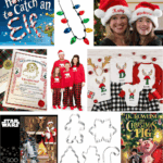 Flat lay of Christmas Eve box ideas for kids featuring pajamas, books, cookie cutters, mugs, puzzles, and personalized hats.