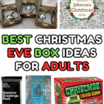 Collage of Christmas Eve gift ideas for adults, including holiday books, mugs, trivia games, festive clothing, and nostalgic keepsakes like bells and medals.