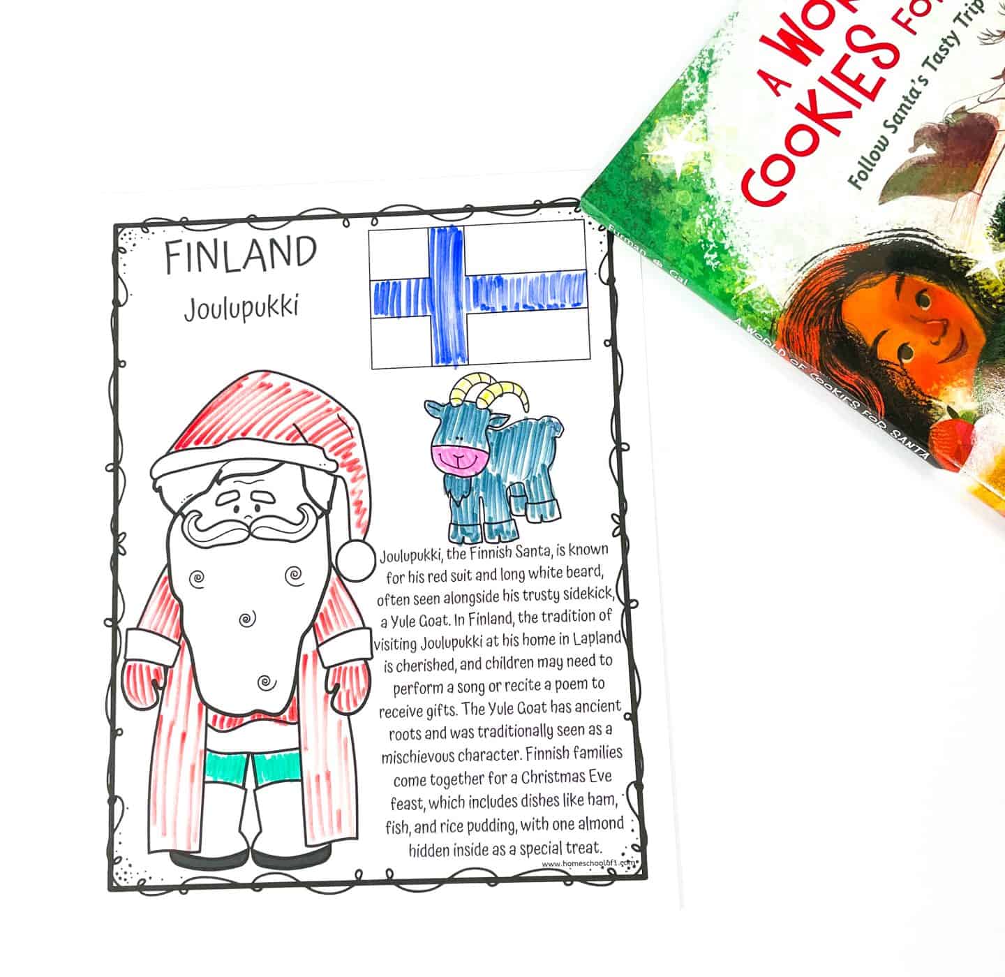 Christmas around the world coloring page featuring Finland’s Joulupukki, the Finnish Santa, in a red suit with a Yule Goat companion and a hand-colored Finnish flag. A festive and educational holiday printable teaching kids about Finnish Christmas traditions.







