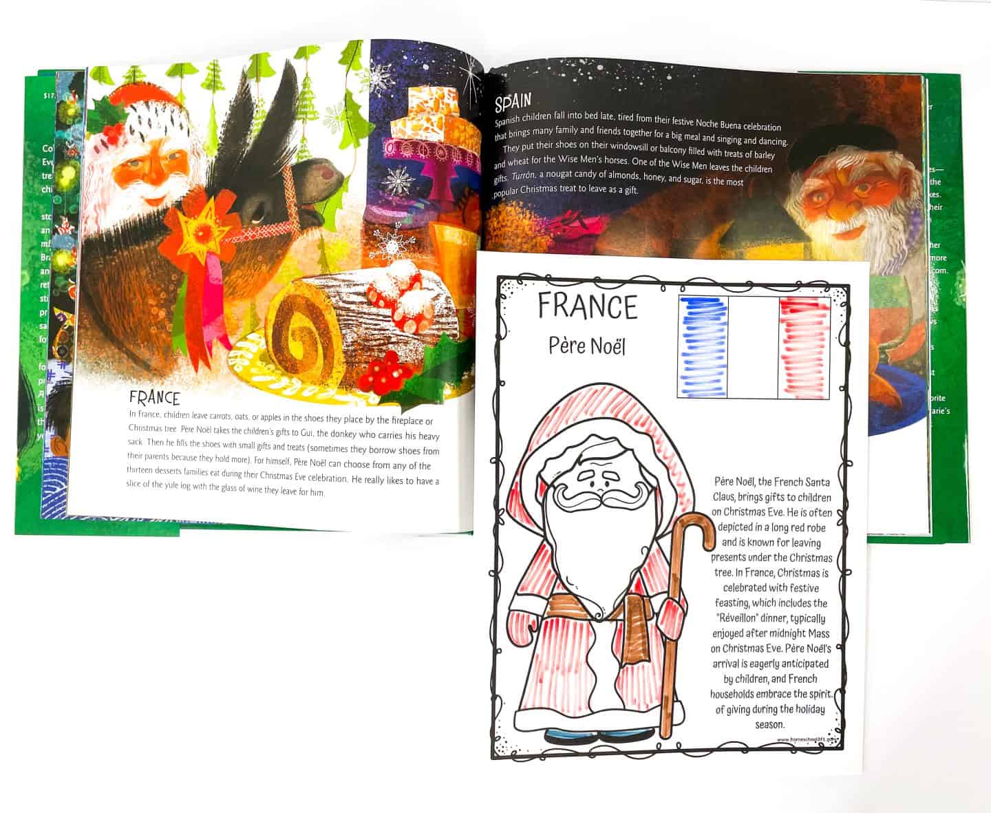 Christmas around the world coloring page featuring Père Noël from France, colored in a traditional red robe and holding a cane, with the French flag above. This printable teaches kids about French Christmas traditions, like leaving gifts in shoes and enjoying the Réveillon feast.

