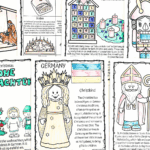 Coloring pages showing German Christmas traditions like Christkind, St. Nicholas, Advent calendars, and Stollen for kids.