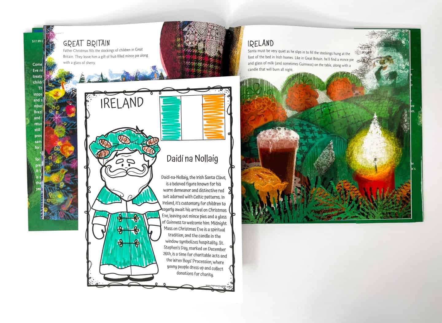 Christmas around the world coloring page featuring Ireland’s Santa Claus, Daidí na Nollaig, dressed in a green suit with Celtic patterns. Includes a fun and educational holiday worksheet for kids to learn about Irish Christmas traditions like leaving out mince pies and Guinness, and attending Midnight Mass.







