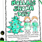 Free printable coloring page featuring “Nollaig Shona Duit” – the Irish way to say Merry Christmas – with children dressed in green.