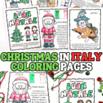 Completed Christmas in Italy coloring pages for kids featuring Babbo Natale, La Befana, Italian Christmas food, and cultural traditions.