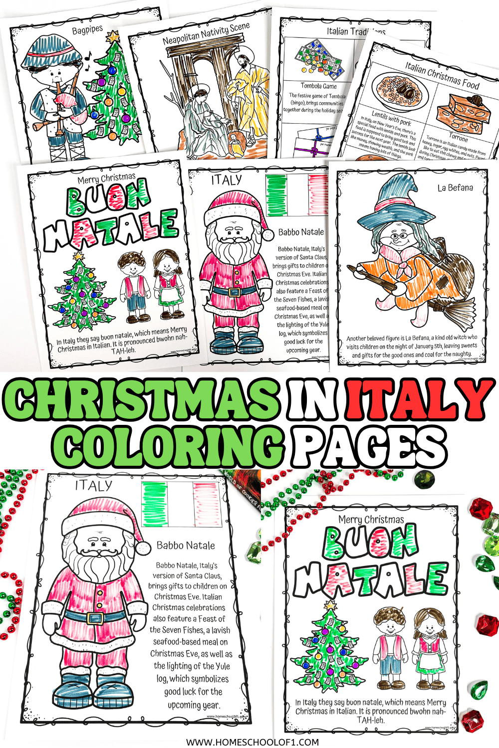 Completed Christmas in Italy coloring pages for kids featuring Babbo Natale, La Befana, Italian Christmas food, and cultural traditions.

