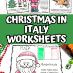 Colorful set of printable Christmas in Italy worksheets showing Italian holiday traditions for kids.