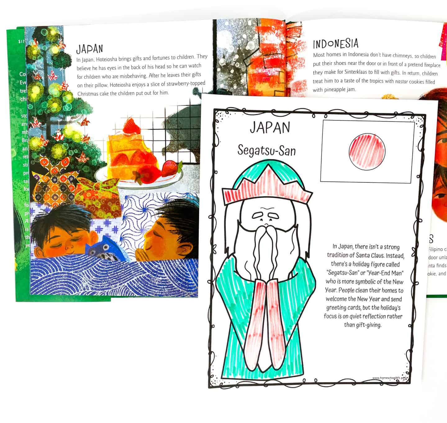 Christmas around the world coloring page featuring Segatsu-San from Japan, a traditional New Year’s figure in place of Santa Claus, shown in a green and red robe beside the Japanese flag. The printable includes cultural facts, noting that New Year in Japan emphasizes reflection, greeting cards, and family time over gift-giving.








