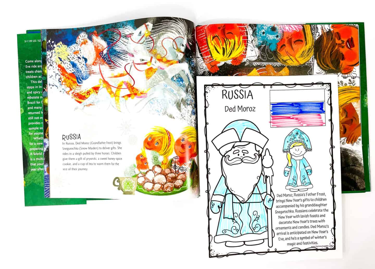 Christmas around the world coloring page highlighting Russian Christmas traditions with Ded Moroz (Father Frost) and Snegurochka (Snow Maiden), featuring a hand-colored Russian flag and festive illustrations. A fun educational printable for kids learning about holiday customs around the world.







