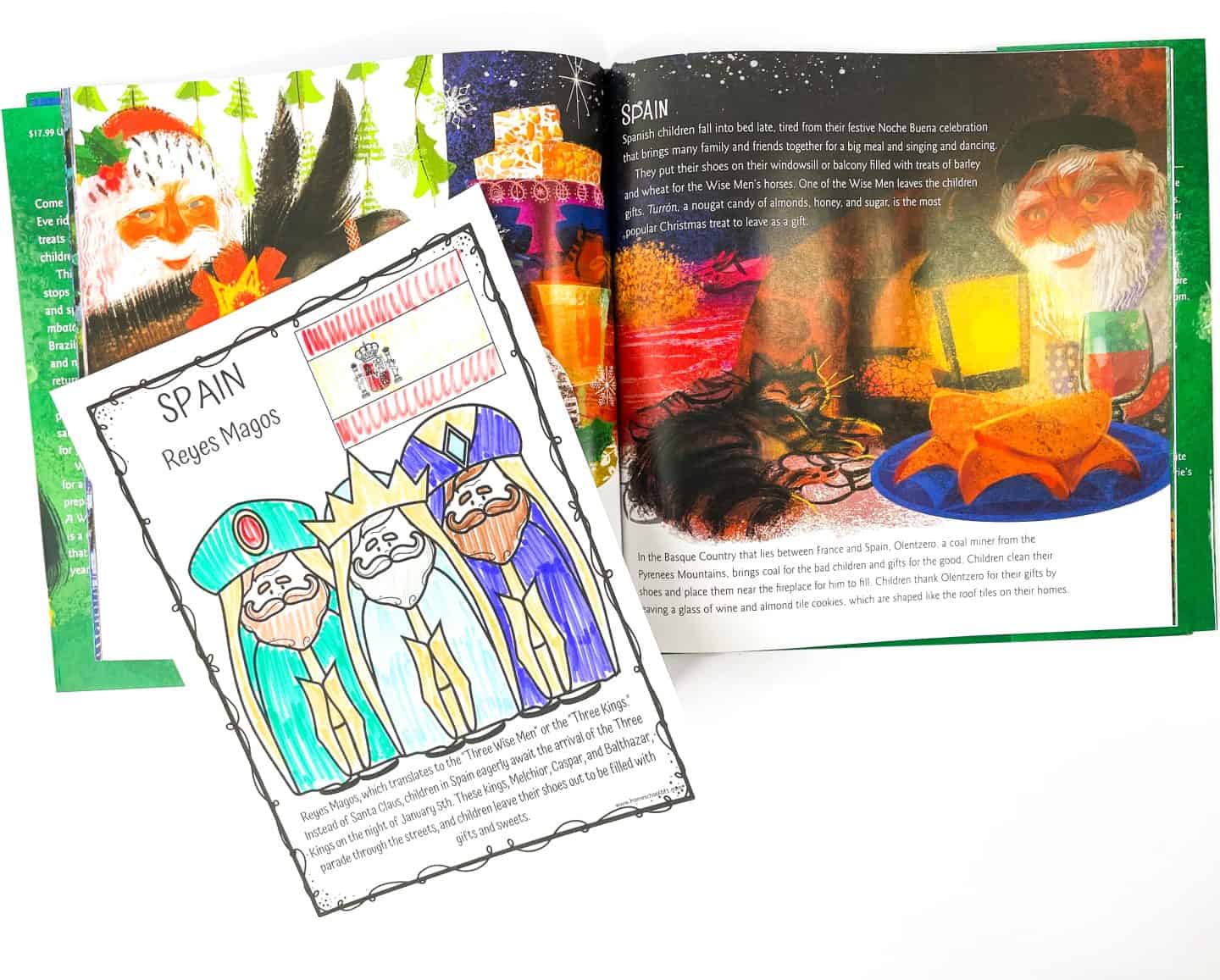 Christmas around the world coloring page featuring Spain’s Reyes Magos, or Three Wise Men, hand-colored in bright robes beneath the Spanish flag. A festive printable celebrating Spanish Christmas traditions, including Epiphany gift-giving.







