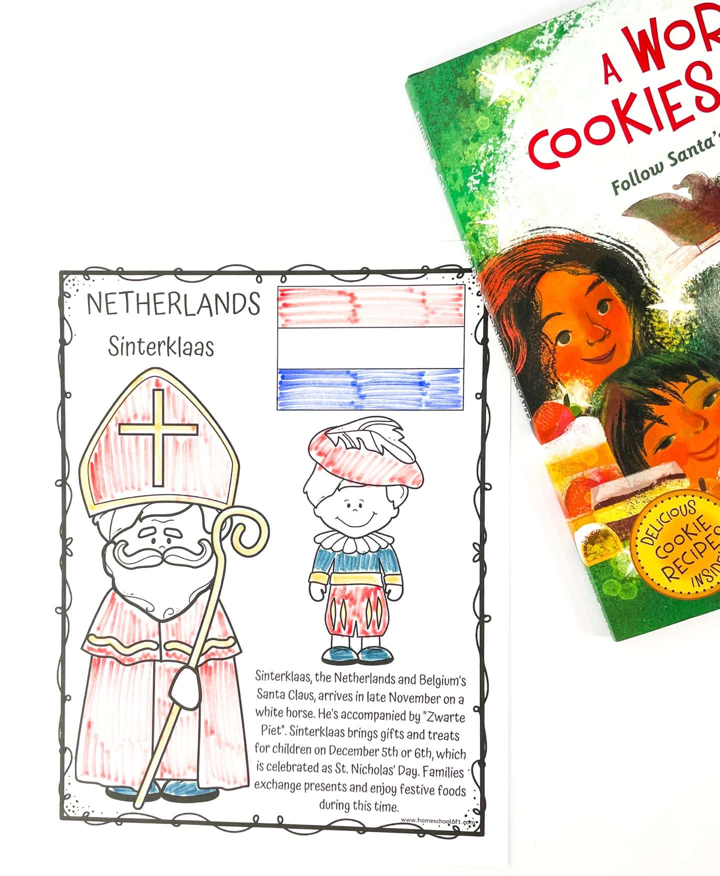 Christmas around the world coloring page featuring Sinterklaas from the Netherlands, illustrated in a red robe with a bishop’s hat, standing next to his helper "Zwarte Piet" and the Dutch flag. The page includes facts about the tradition of Sinterklaas arriving on a white horse in late November and delivering gifts on December 5th or 6th for St. Nicholas' Day.







