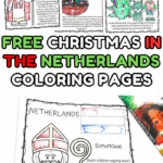 Free printable Christmas in the Netherlands coloring pages with Dutch holiday icons like Sinterklaas, steamboat, and festive treats
