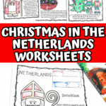 Educational Christmas in the Netherlands worksheets for kids featuring Sinterklaas, Dutch flag, and cultural facts