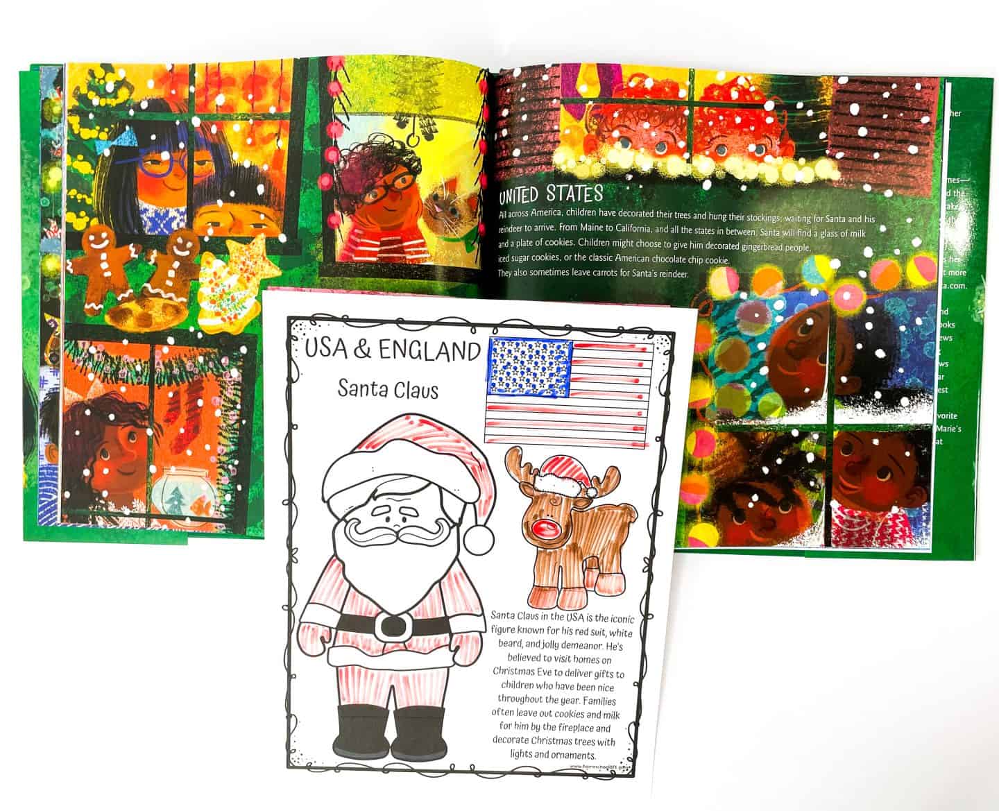 Christmas around the world coloring page featuring Santa Claus from the USA and England, colored in a red suit with black boots, alongside a reindeer and the American flag. This educational printable explains the tradition of leaving cookies and milk for Santa and decorating trees with lights.







