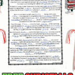 Free printable Christmas Mad Libs worksheet titled "Santa's Wacky Workshop" placed on a white background with candy canes and red and green Christmas beads.