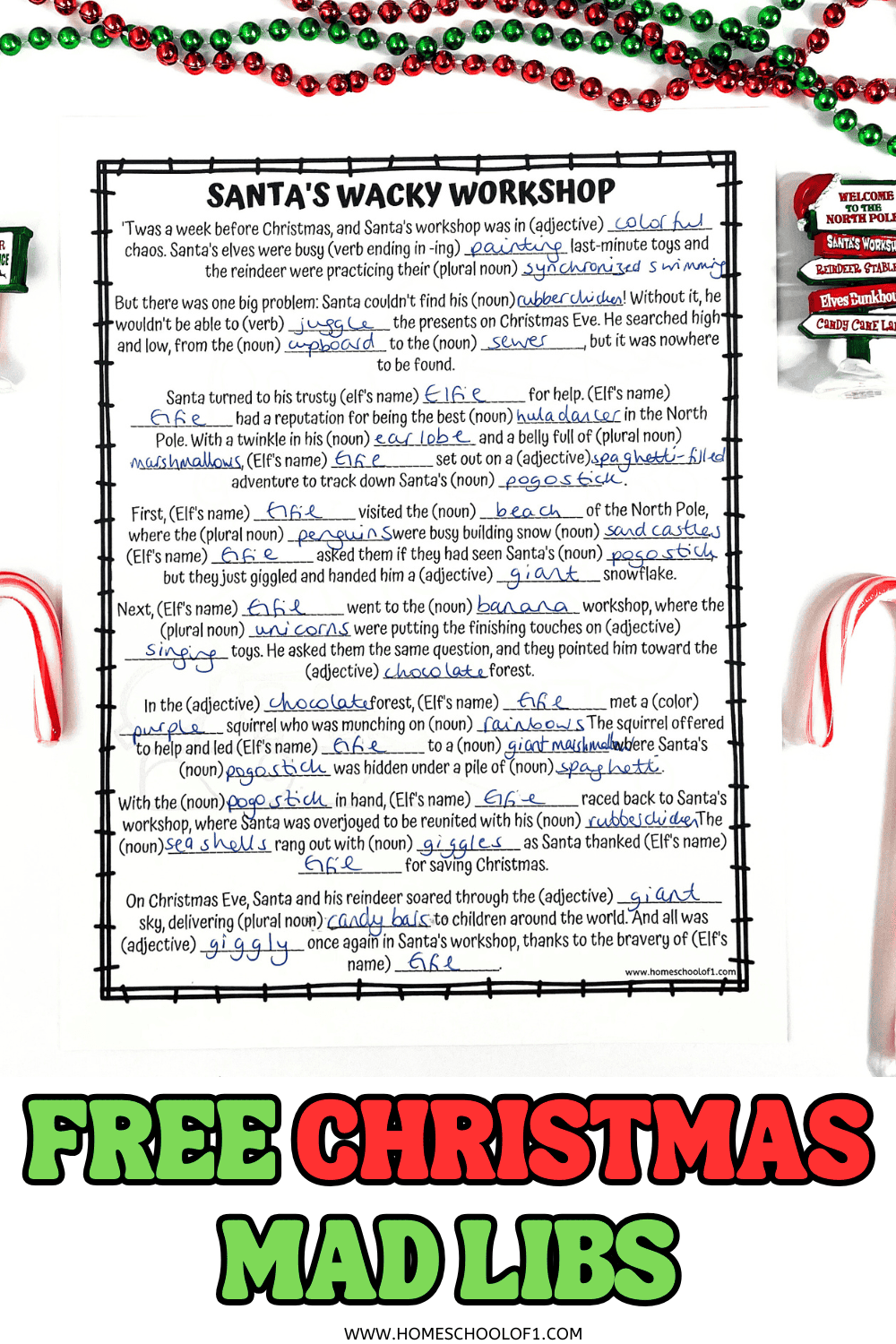 Free printable Christmas Mad Libs worksheet titled "Santa's Wacky Workshop" placed on a white background with candy canes and red and green Christmas beads.

