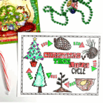 Colored Christmas tree life cycle worksheet with book, beads, and candy cane.