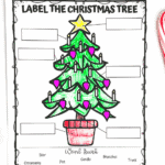 Free printable label-the-tree worksheet showing a decorated Christmas tree with candles, ornaments, and blank labeling boxes.
