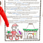 Completed Elf on the Shelf Mad Libs printable with silly holiday words filled in and colored illustrations of an elf by the fireplace.