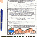 Completed pumpkin mad libs printable titled "The Great Pumpkin Patch Adventure" with handwritten answers and colorful pumpkin illustrations, perfect for a fun and educational fall activity.