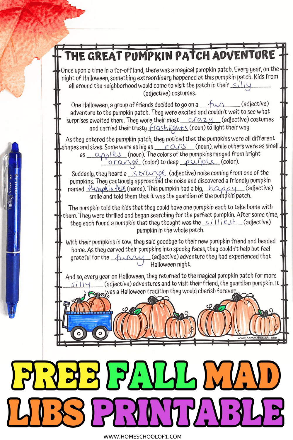 Completed pumpkin mad libs printable titled "The Great Pumpkin Patch Adventure" with handwritten answers and colorful pumpkin illustrations, perfect for a fun and educational fall activity.