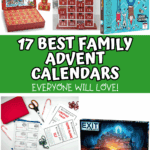 Colorful collage with 17 family-friendly advent calendar ideas including printable movie calendars, family games, and DIY activity packs.