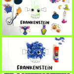 Frankenstein handprint craft with green paint and Halloween-themed stickers for kids.