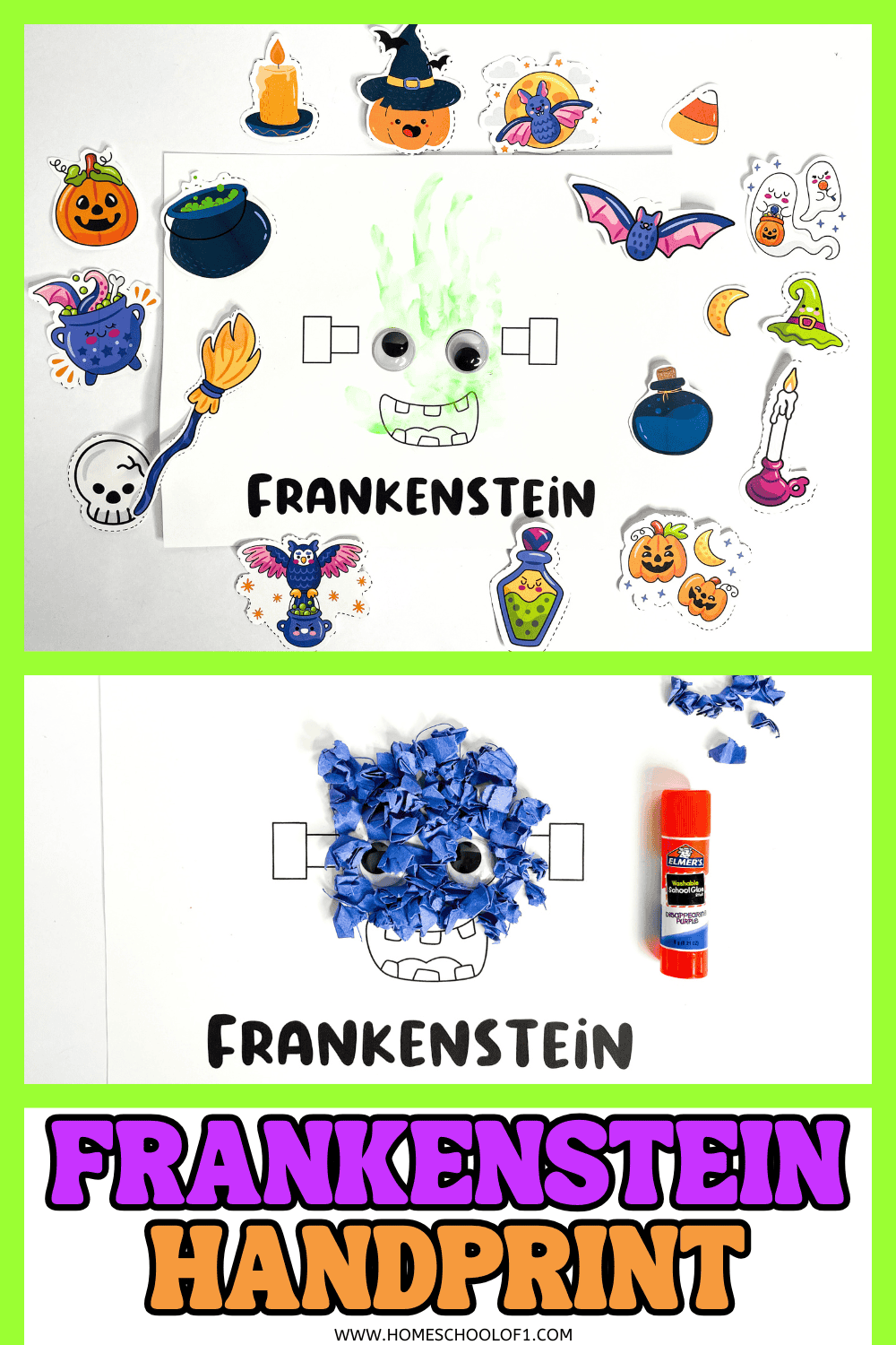 Frankenstein handprint craft with green paint and Halloween-themed stickers for kids.


