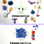 Frankenstein handprint craft made with crumpled blue paper and googly eyes.