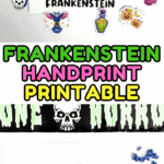 Free Frankenstein handprint printable craft with stickers and blue paper design.