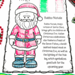 Free printable Babbo Natale coloring sheet with Italian flag and Christmas facts for kids.