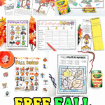 Fall printable worksheets for kids, including pumpkin life cycle coloring, fall story pages, bingo, Scattergories, I Spy, bookmarks, and color by number activities.