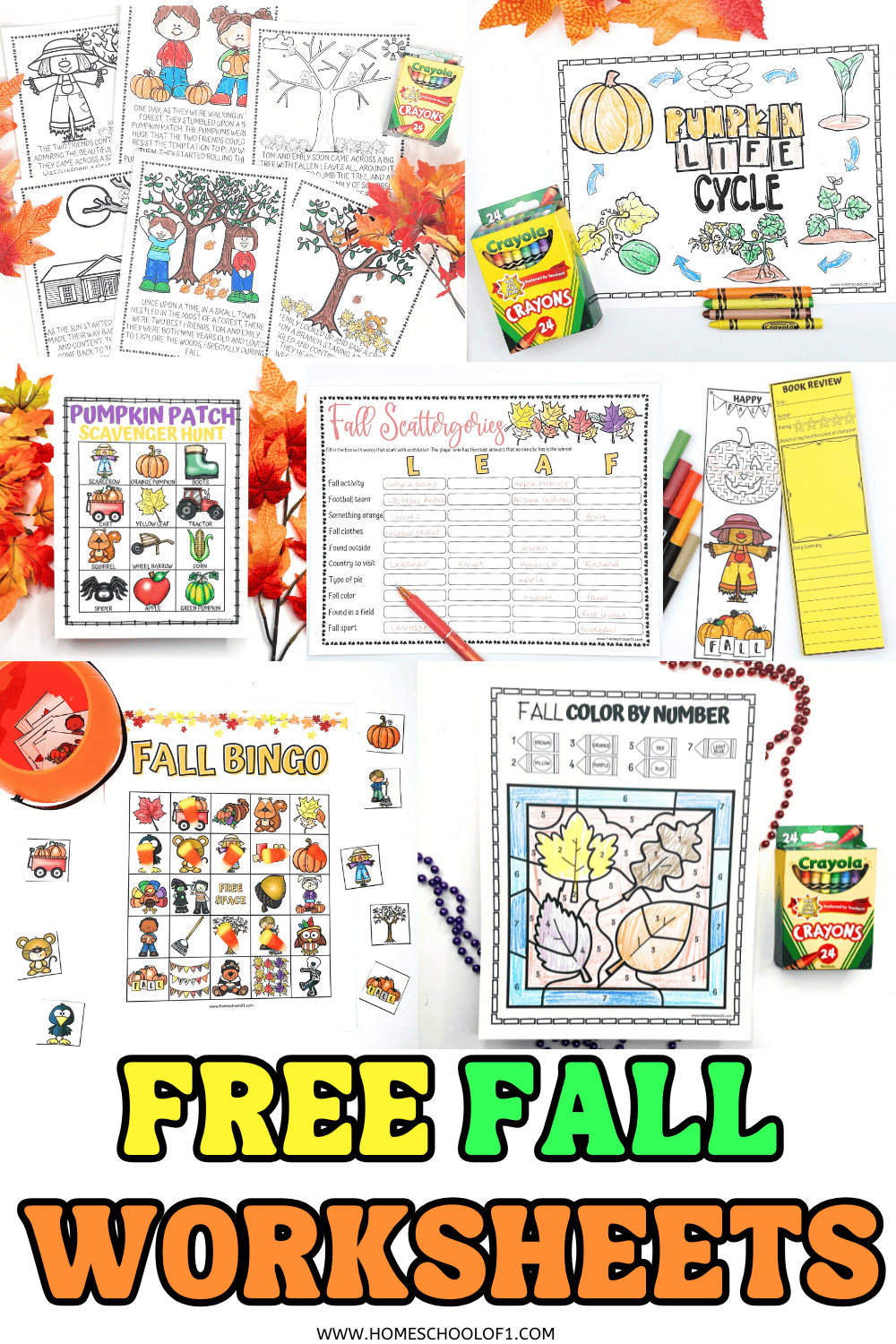 Fall printable worksheets for kids, including pumpkin life cycle coloring, fall story pages, bingo, Scattergories, I Spy, bookmarks, and color by number activities.