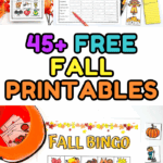 45+ free fall printables for kids shown, featuring fall bingo, scavenger hunt, Scattergories, bookmarks, story coloring pages, and pumpkin life cycle worksheet.