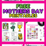 A collage of free Mother's Day printables for kids, including a scavenger hunt, word scramble, word search, coloring pages, and bingo game. Designs are colorful and fun, with pink and purple bead decorations and Crayola crayons shown for coloring.