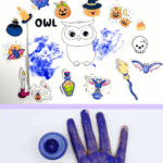 Free printable Halloween owl handprint craft with colorful stickers and painted hand.