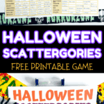 Printable Halloween Scattergories game with themed category sheet labeled TREAT. Includes sample answers, timer, toy spider, and pen.