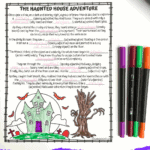 Free printable spooky Mad Libs worksheet with a haunted house adventure story and Halloween-themed coloring section.