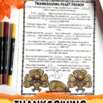 Free printable Thanksgiving Mad Libs worksheet with turkey images, filled out and placed beside colored pens and autumn leaves.