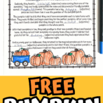 Free pumpkin mad libs printable featuring a completed fill-in-the-blank Halloween story for kids, shown with colored pumpkins and bold fall-themed title for easy classroom or home use.