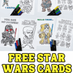 Coloring Star Wars card printables with quotes like "I love you" and "You are my father" plus birthday and Christmas designs
