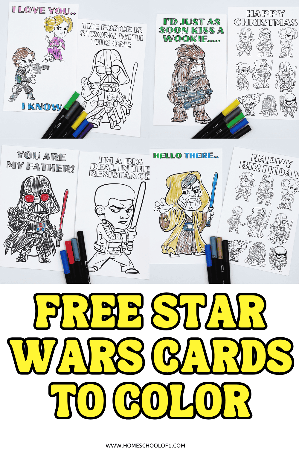 Coloring Star Wars card printables with quotes like "I love you" and "You are my father" plus birthday and Christmas designs

