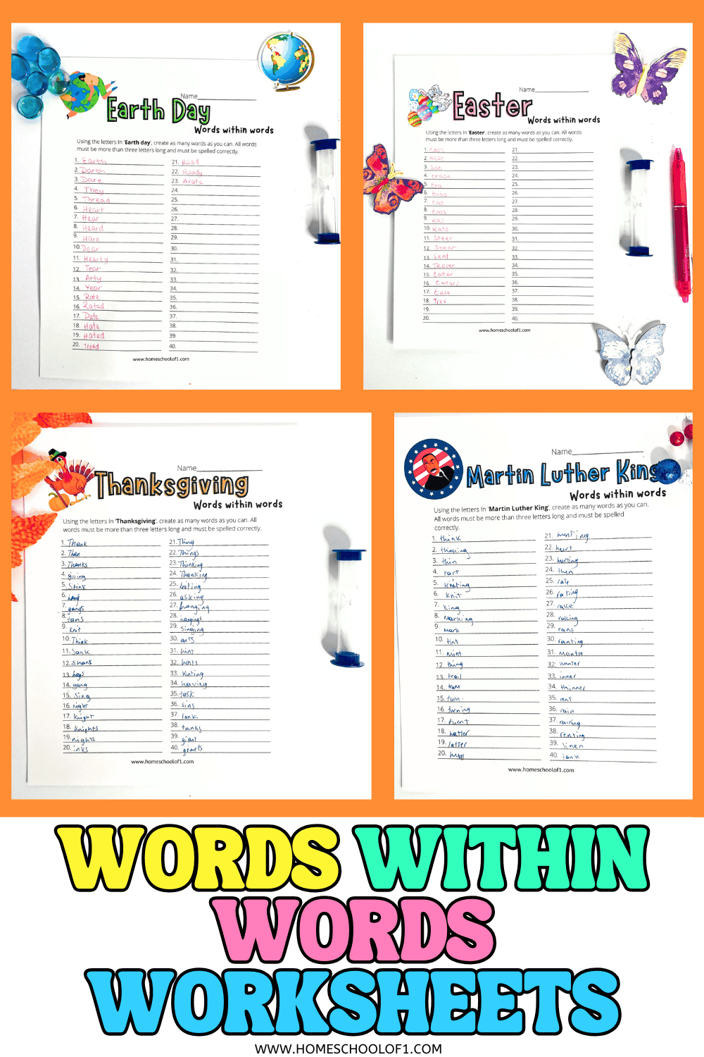 Words within words worksheets featuring Earth Day, Easter, Thanksgiving, and Martin Luther King Jr. themed printable literacy activities for kids.
