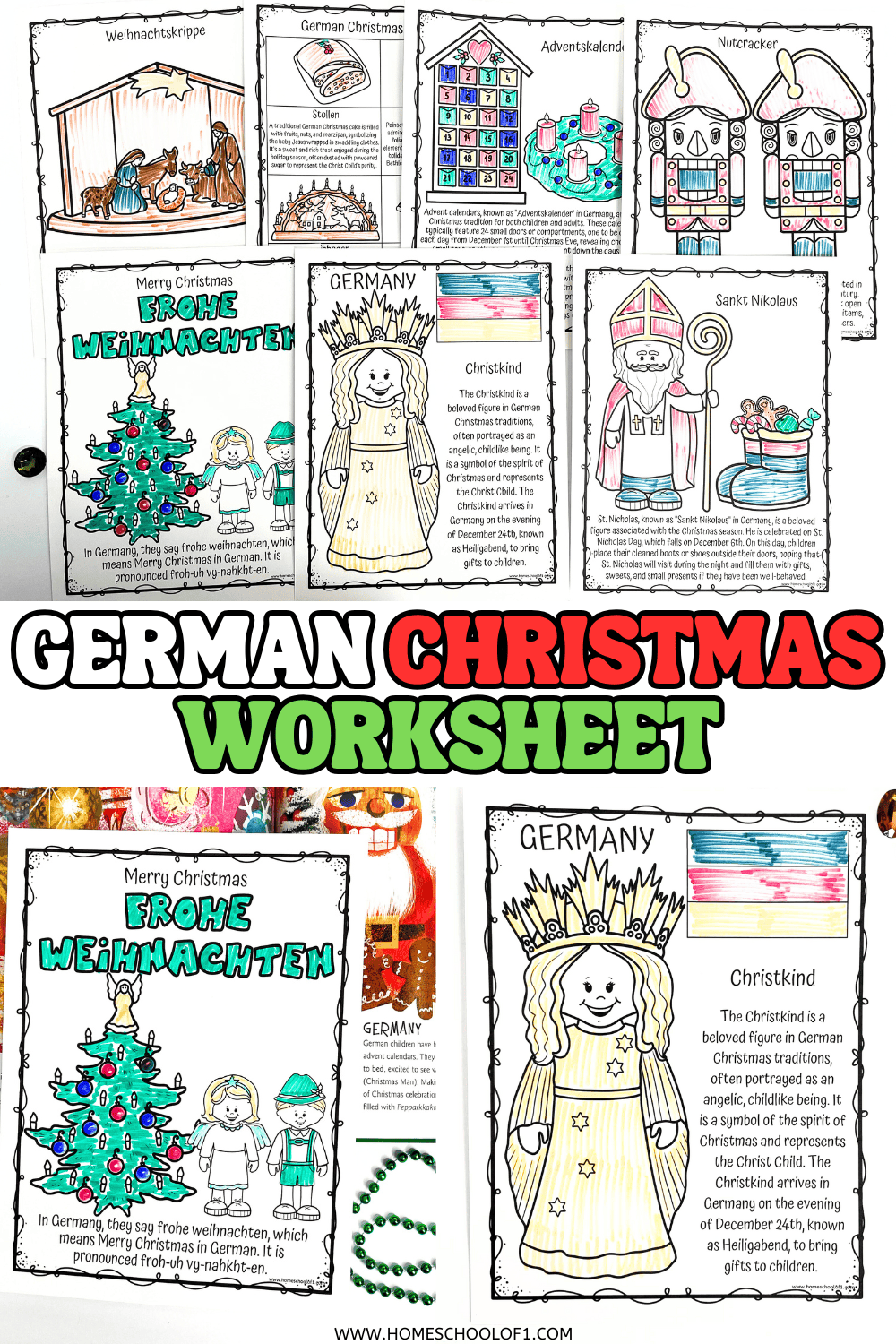 German Christmas worksheet set featuring Christkind, Frohe Weihnachten, and Advent calendar traditions for kids to color.

