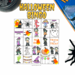 Halloween bingo printable card with candy corn markers, a trick-or-treat sign, and a copy of The Halloween Tree book.